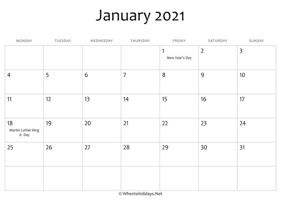 January 2021 Calendar Printable With Holidays January To December 2021 Calendar With Holidays