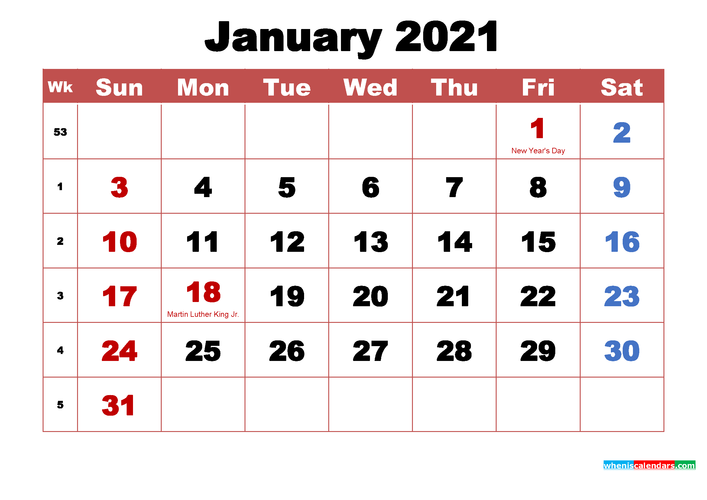 January 2021 Calendar With Holidays Printable January - December 2021 Calendar Printable
