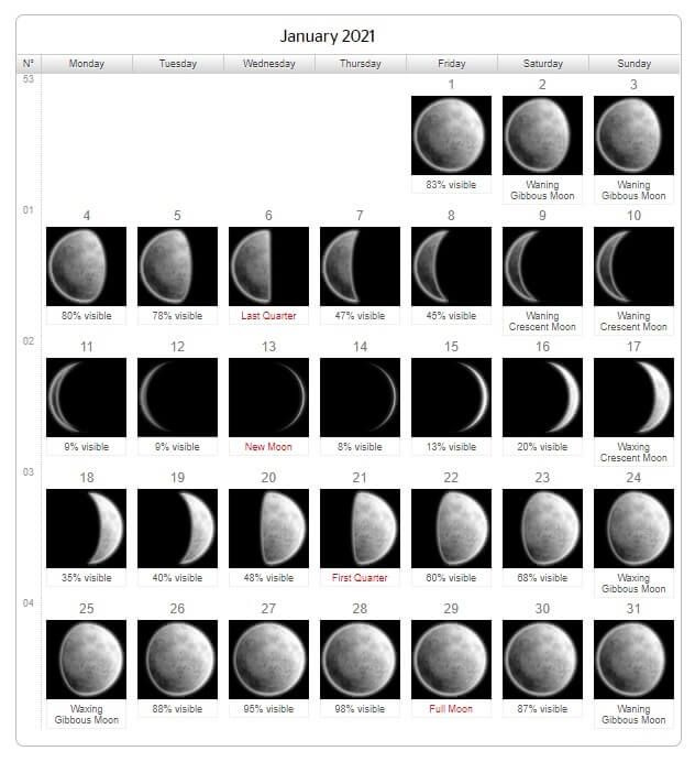 January 2021 Lunar Phases Calendar In 2021 | Moon Phase Moon Calendar December 2021
