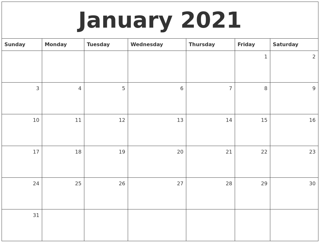 January 2021 Monthly Calendar January To December 2021 Calendar Template