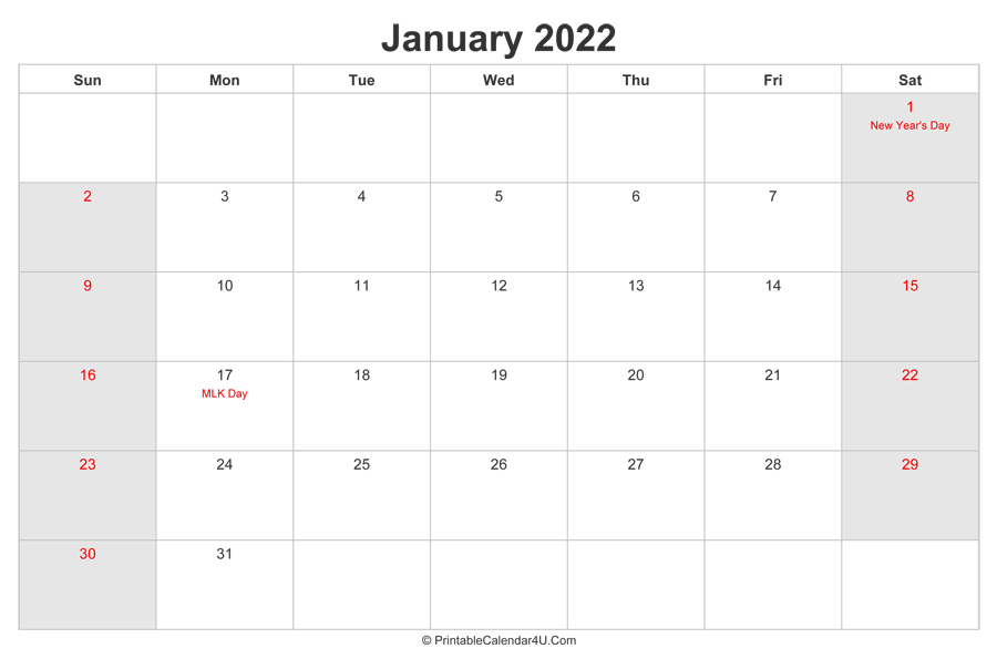January 2022 Calendar With Us Holidays Highlighted How Many Days Are In The Month Of December 2021 Calendar