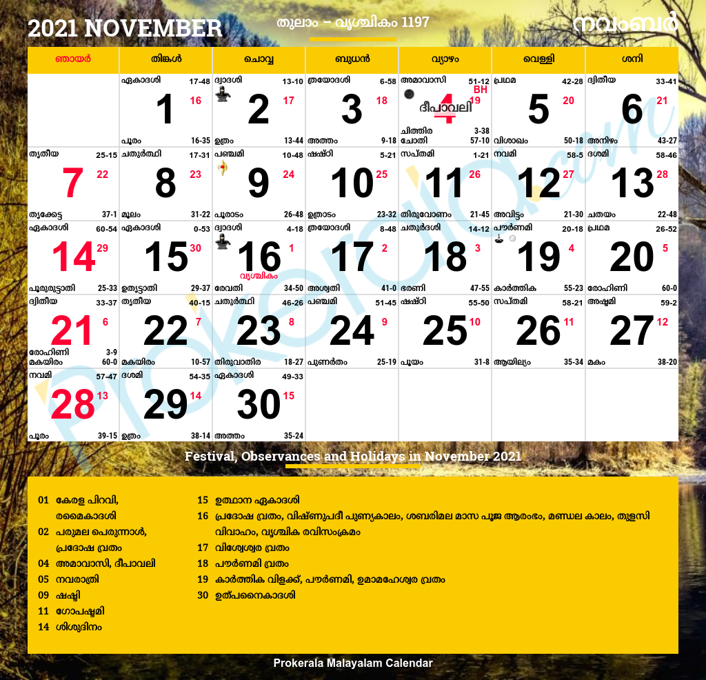 Malayalam Calendar 2021, November November 2021 Hindu Calendar