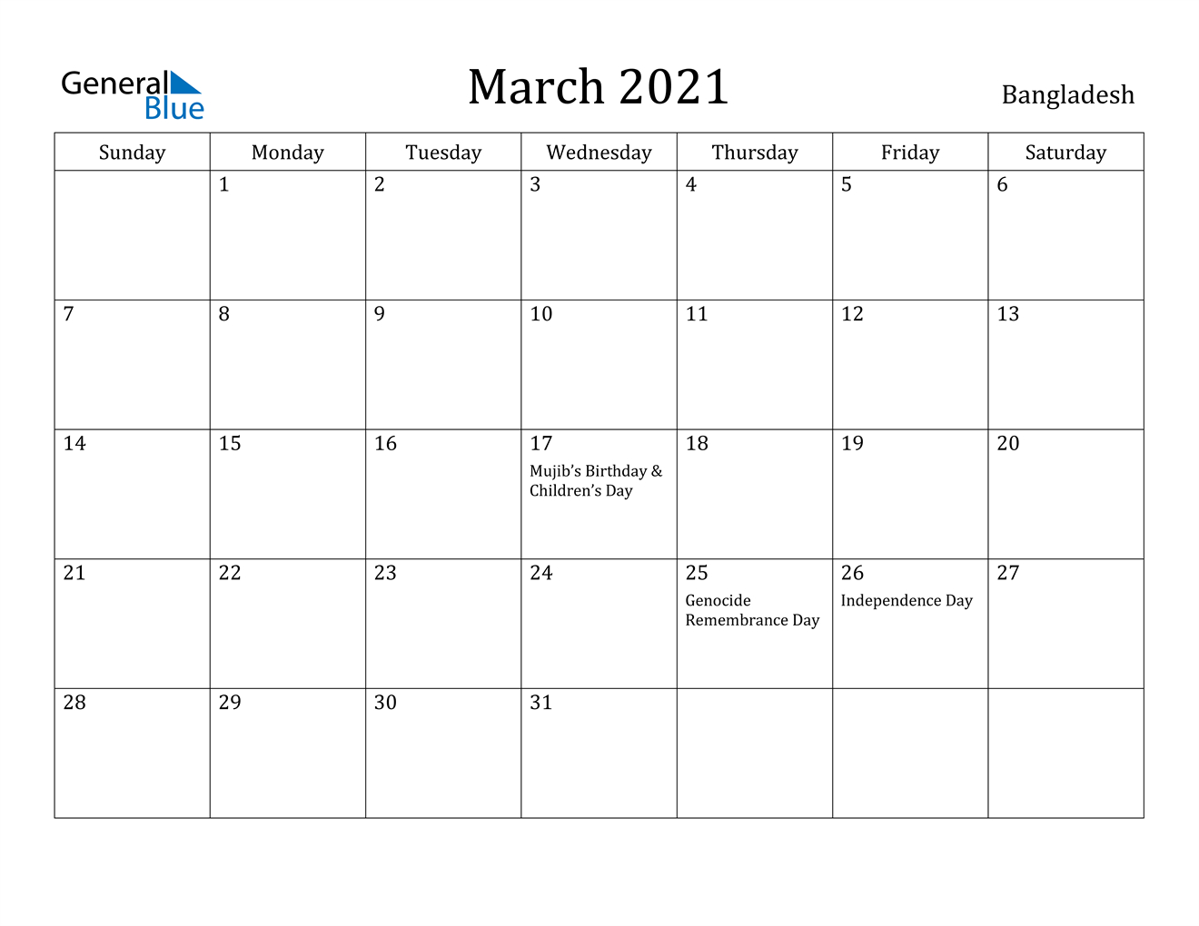 March 2021 Calendar - Bangladesh Bengali Calendar 2021 December