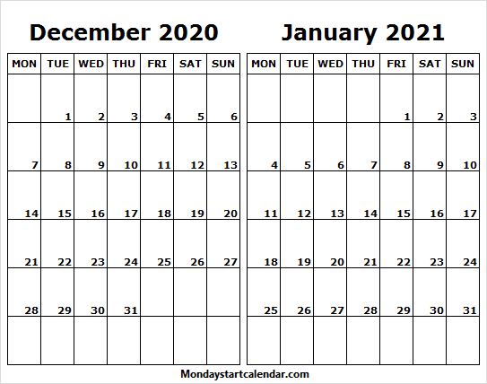 Monday Start Dec 2020 Jan 2021 Calendar - Editable December 2021 Calendar Monday Start