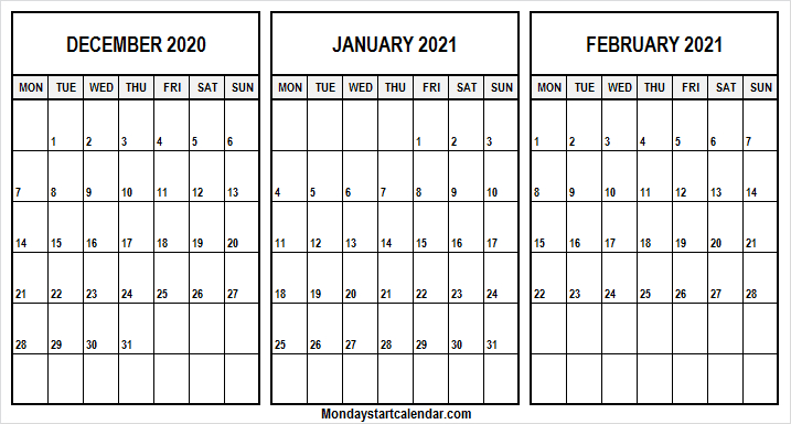Monday Start Dec 2020 To Feb 2021 Calendar | Excel | Pdf December 2021 Calendar Starting Monday
