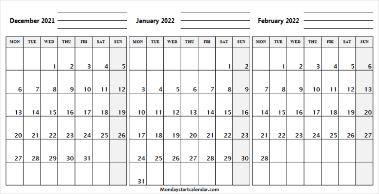 Monday Start December 2021 To February 2022 Calendar December 2021 Calendar Monday Start