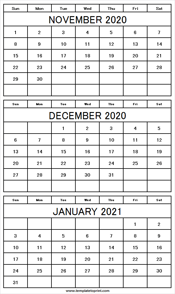 Monthly Calendar November 2020 To January 2021 - Printable November 2020 - April 2021 Calendar