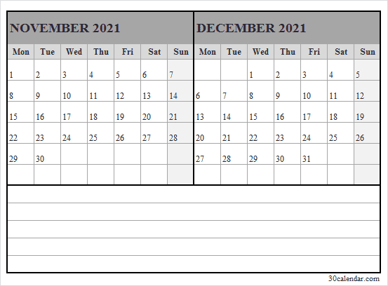 Nov Dec 2021 Calendar Mon To Fri - 2021 Blank Calendar November And December 2021 Calendar