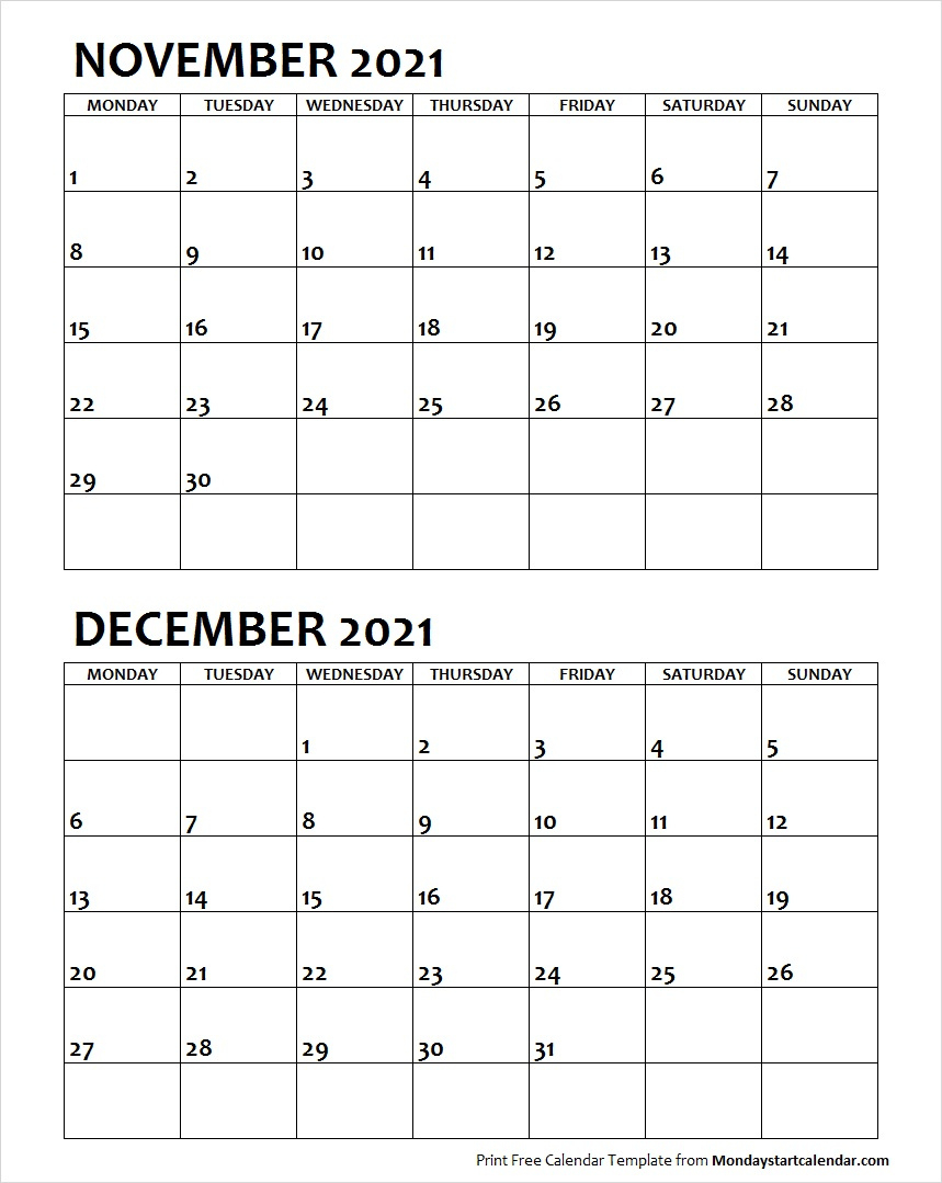 Nov Dec 2021 Calendar Monday Start | Editable Two Months December 2021 Calendar Monday Start