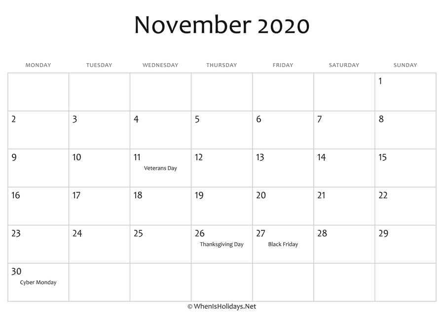 November 2020 Calendar Printable With Holidays November 2021 Calendar Australia