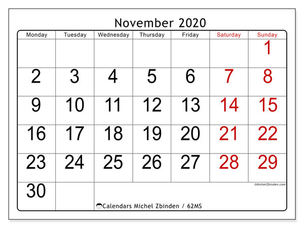 November 2020 Calendars - Ms - Michel Zbinden En How Many Weeks Between Now And November 2021