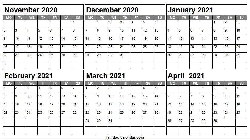 November 2020 To April 2021 Blank Calendar - Monthly April To December 2021 Calendar