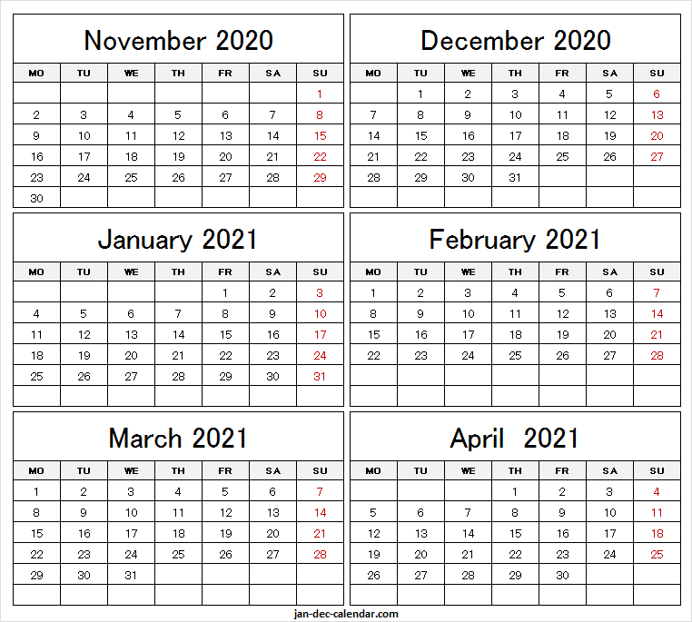 November 2020 To April 2021 Blank Calendar - Monthly November December 2020 January 2021 Calendar Printable