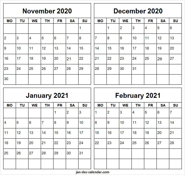 November 2020 To February 2021 Blank Calendar - To Do List Calendar November 2020 Through April 2021