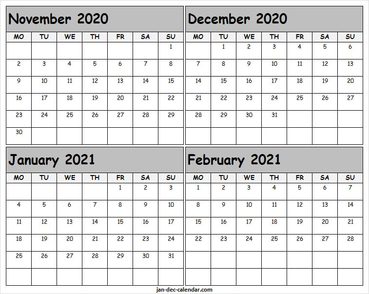 November 2020 To February 2021 Blank Calendar - To Do List November 2020 - January 2021 Calendar