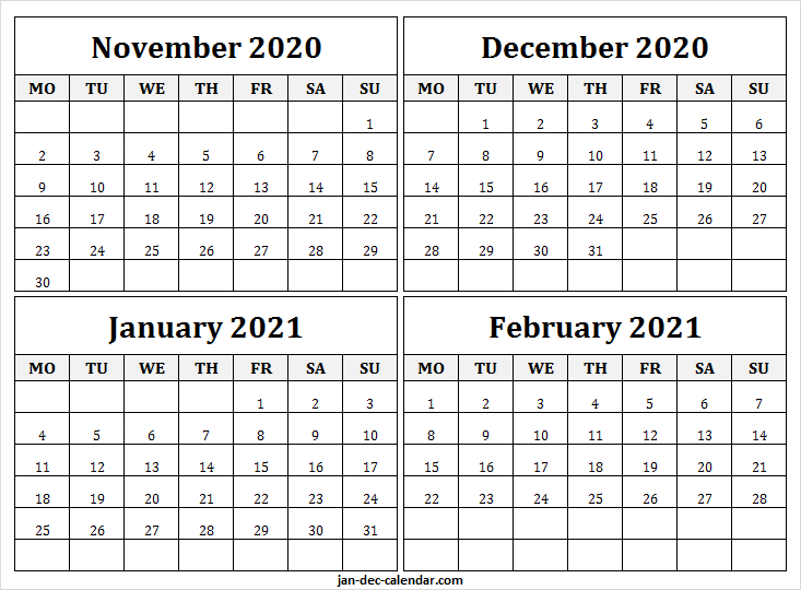 November 2020 To February 2021 Calendar Free - Four Month Printable Calendar November 2020 To January 2021