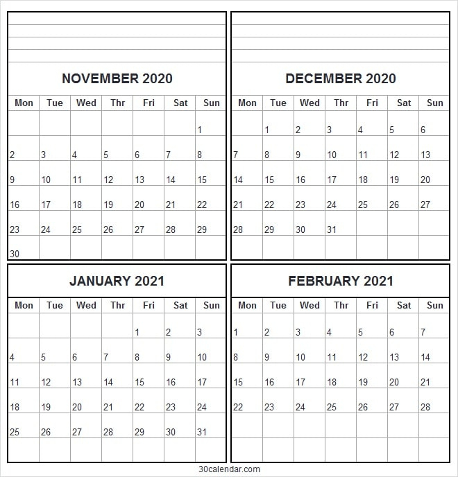 November 2020 To February 2021 Calendar Word - Printable November 2020 To February 2021 Calendar