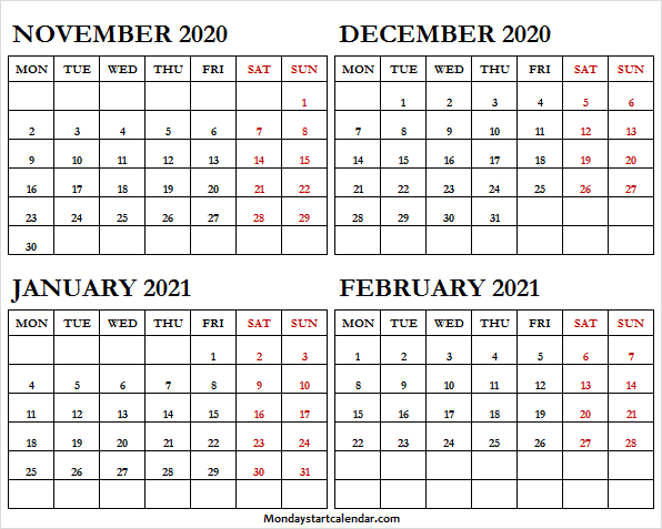 November 2020 To February 2021 Mon To Sun - Four Month November 2020 Through February 2021 Calendar