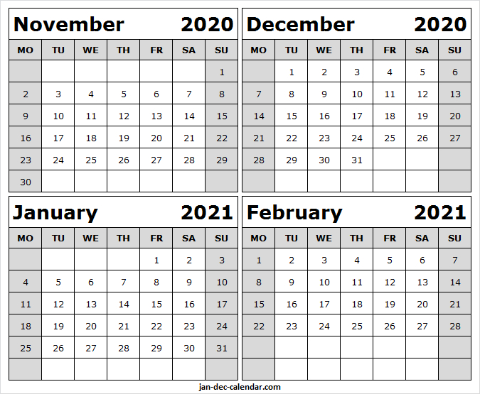 November 2020 To February 2021 Printable Calendar November 2020 Through February 2021 Calendar