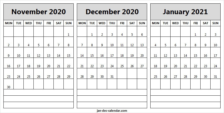 November 2020 To January 2021 Blank Calendar - Editable December 2020 Calendar And January 2021 Calendar