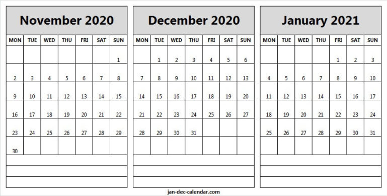 November 2020 To January 2021 Blank Calendar - Editable November 2020 Through January 2021 Calendar
