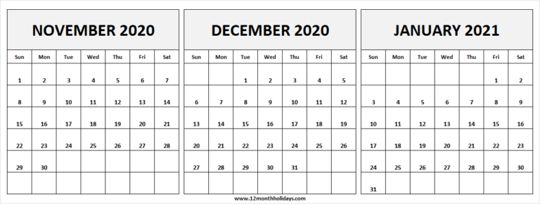 November 2020 To January 2021 Calendar | Black And White 3 Month Calendar November December January 2021