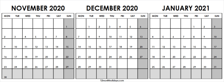 November 2020 To January 2021 Calendar | Black And White Calendar November 2020 To January 2021