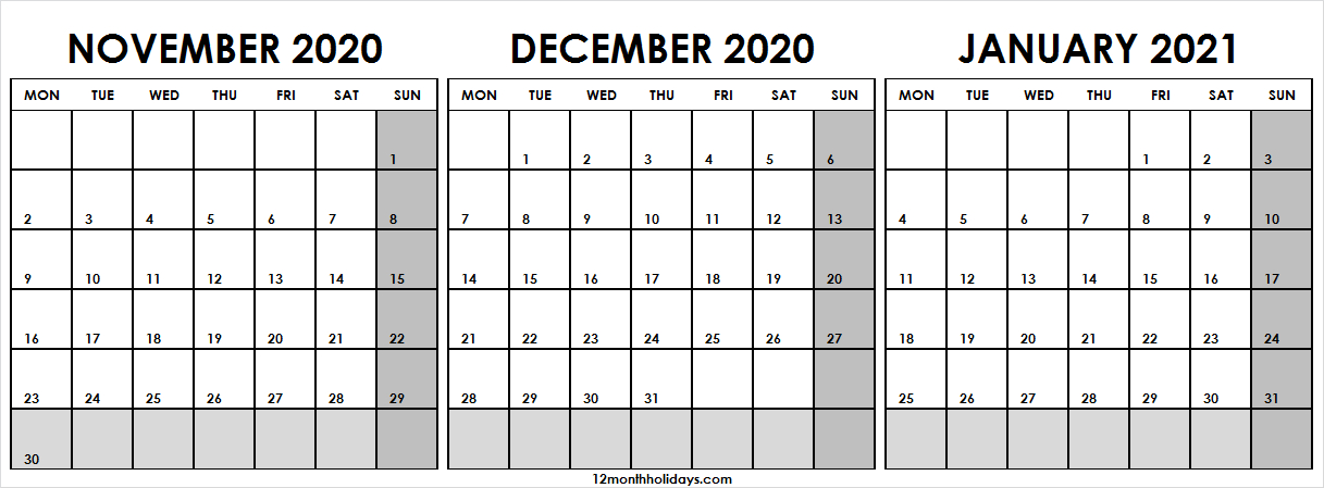 November 2020 To January 2021 Calendar | Black And White November 2020 To December 2021 Calendar