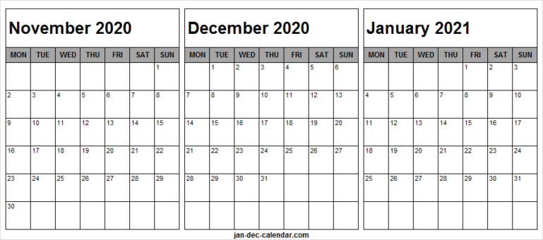 November 2020 To January 2021 Calendar - Blank Calendar November 2020 Through January 2021 Calendar