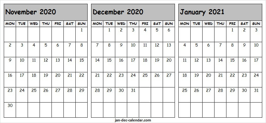 November 2020 To January 2021 Calendar Free - Monthly Calendar November 2020 To January 2021