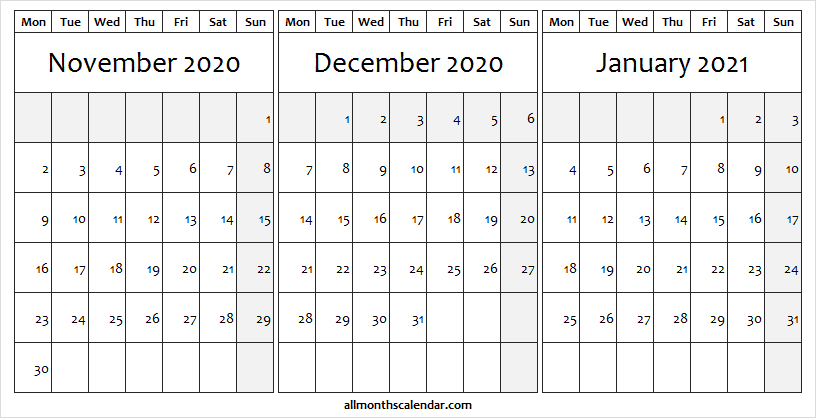 November 2020 To January 2021 Calendar - Printable November 2020 Through January 2021 Calendar