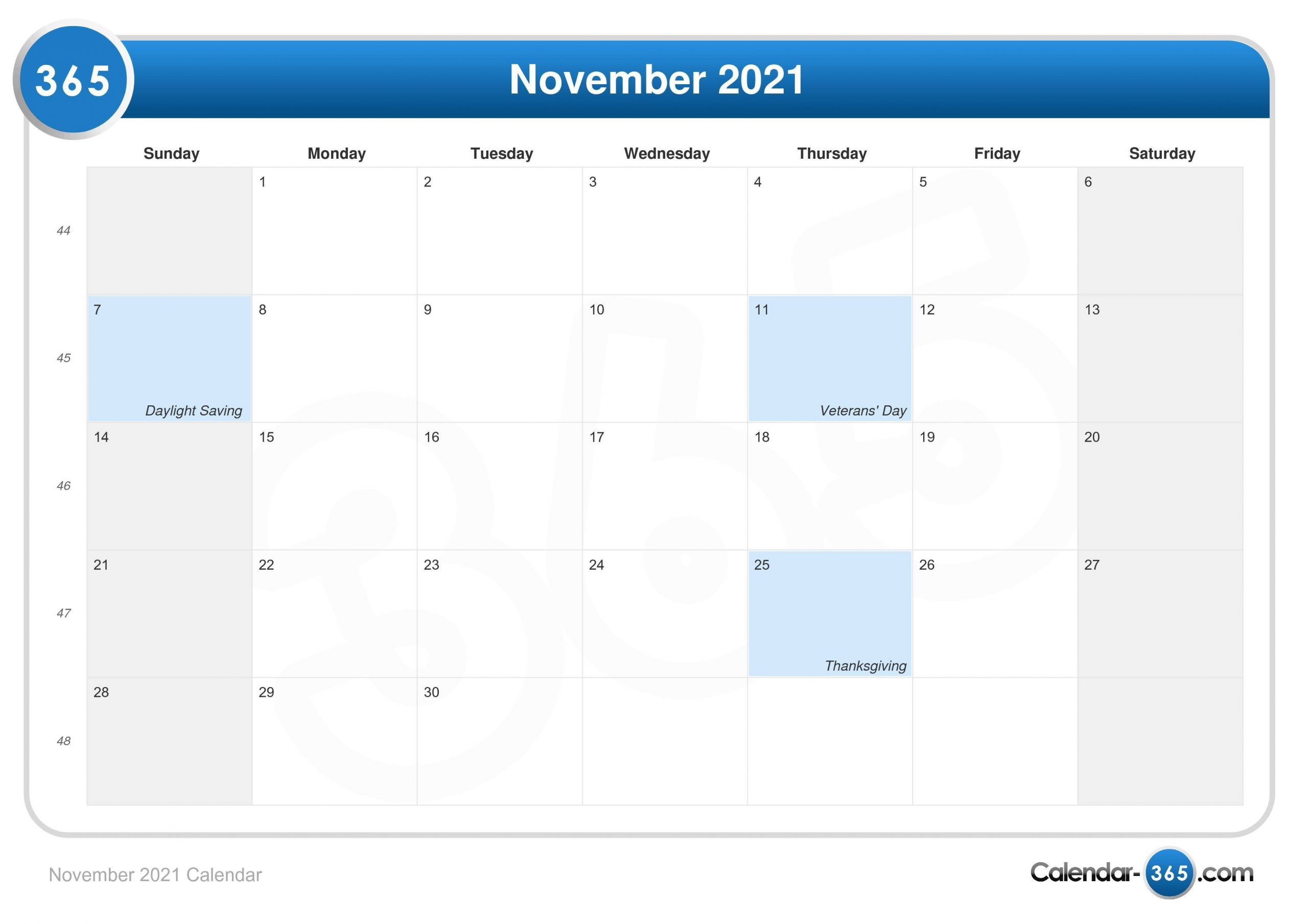 November 2021 Calendar 2021 Ka Calendar November