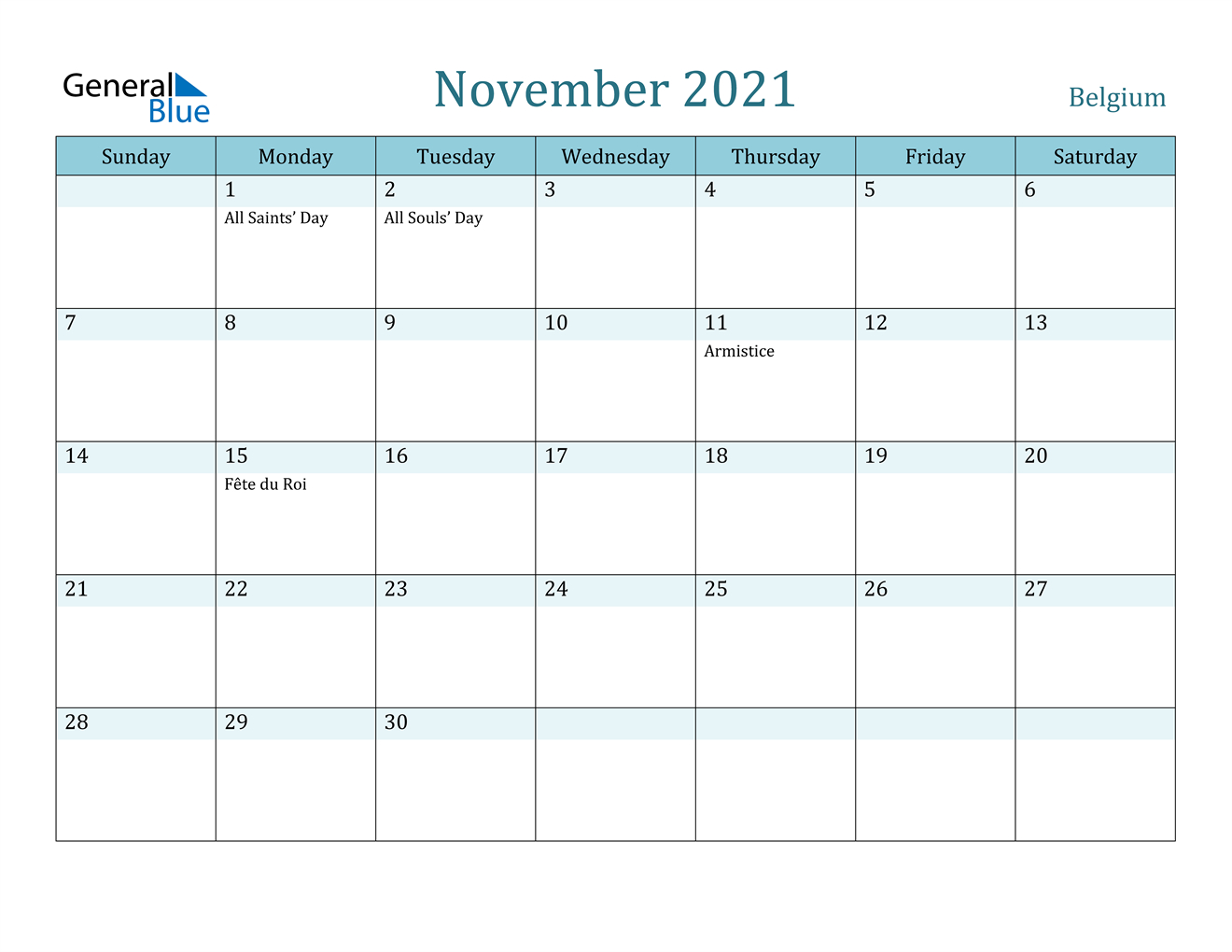 November 2021 Calendar - Belgium 2021 Ka Calendar November