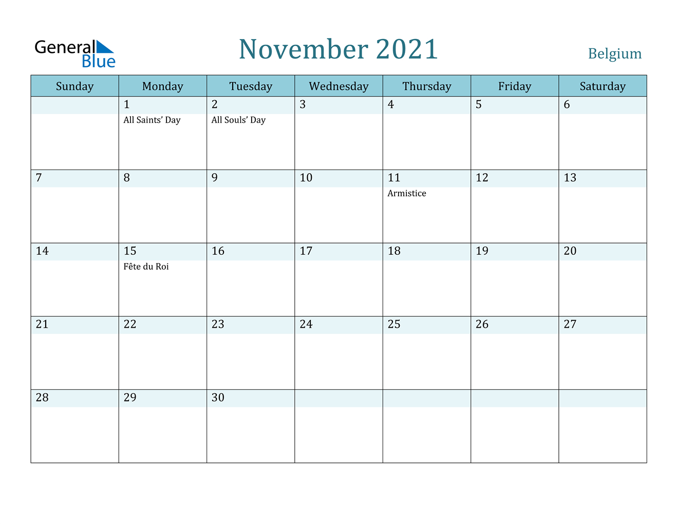 November 2021 Calendar - Belgium Cute November 2021 Calendar