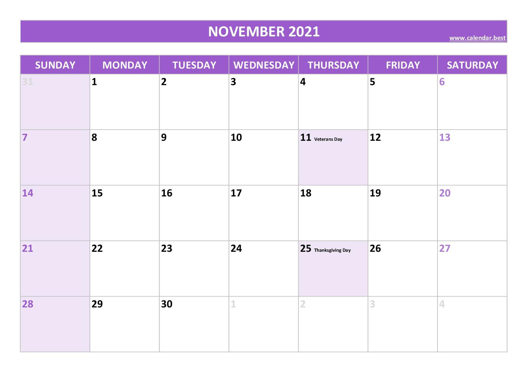 November 2021 Calendar -Calendar.best November 2021 Calendar With Holidays Usa