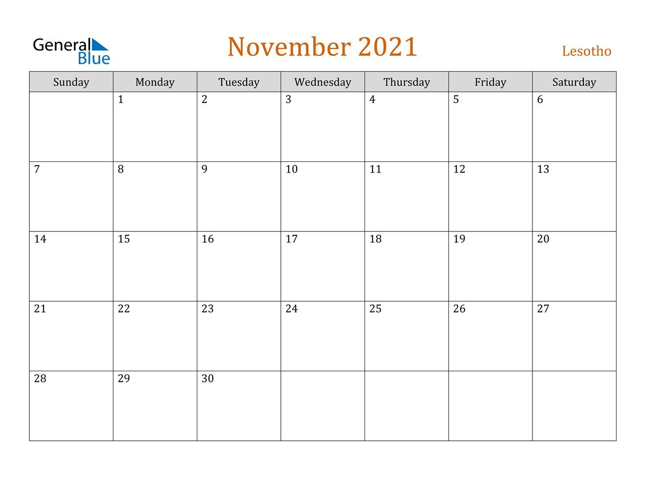 November 2021 Calendar - Lesotho Calendar Of November 2021