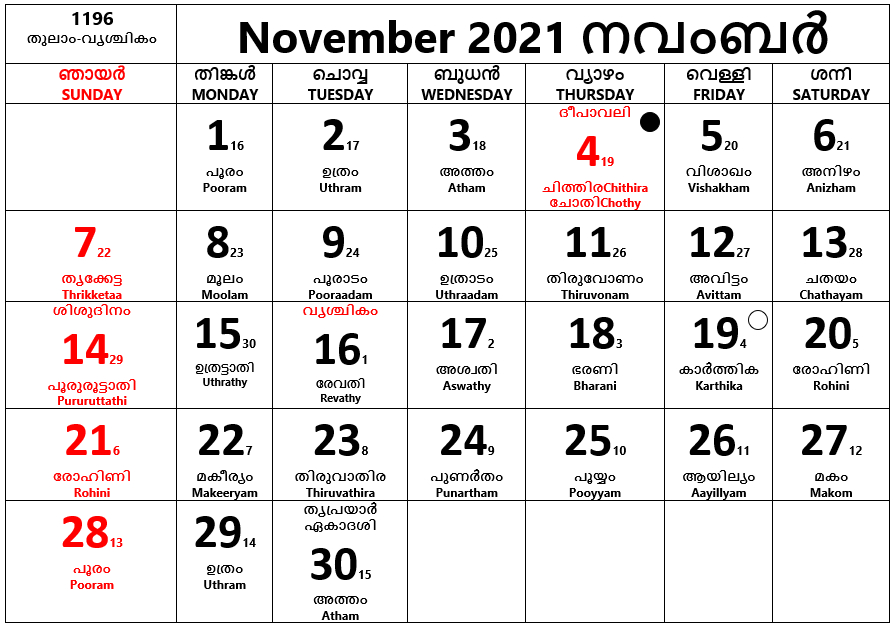 November-2021 | Calendar Malayalam Indian Calendar November 2021