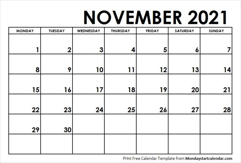 November 2021 Calendar Monday Start | November Month Template November 2021 Calendar Uk