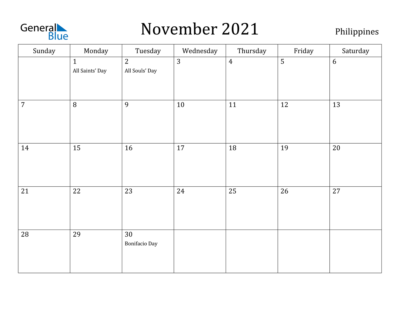 November 2021 Calendar - Philippines November 2020 - April 2021 Calendar
