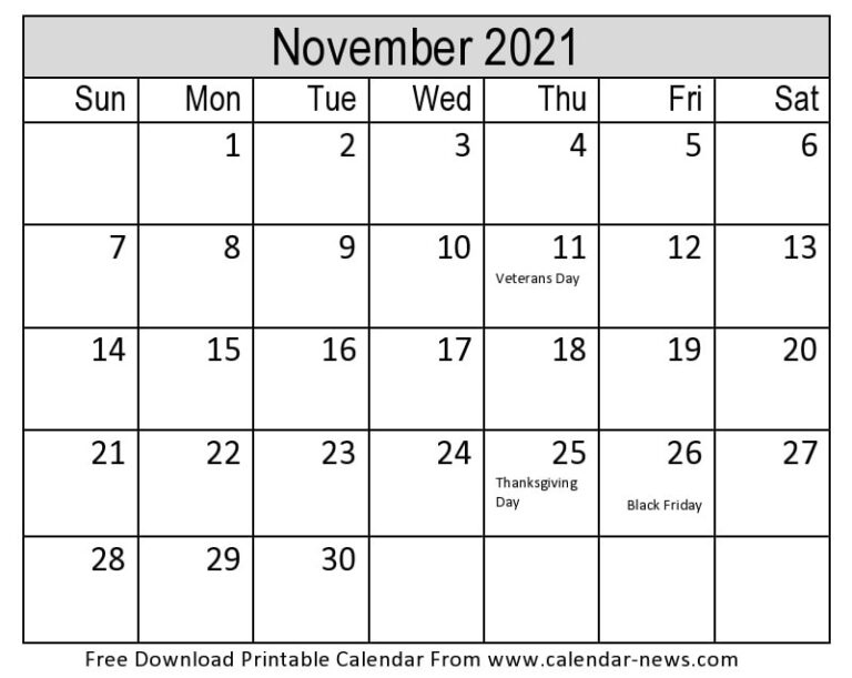 November 2021 Calendar Printable Template | Calendar-News 2021 Ka Calendar November