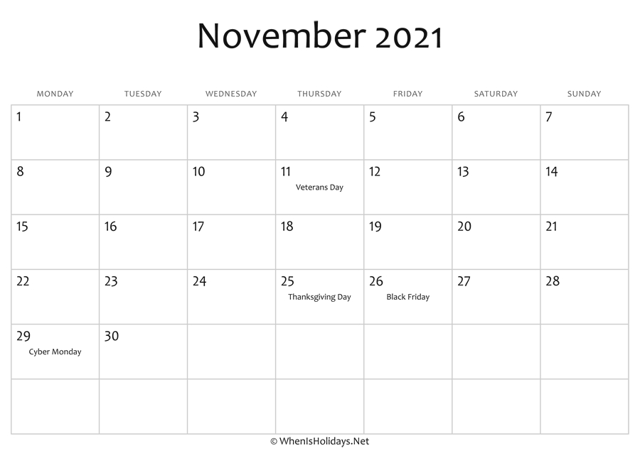November 2021 Calendar Printable With Holidays November 2021 Calendar Canada