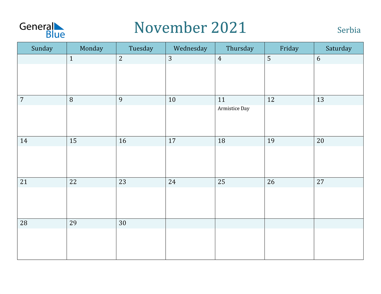 November 2021 Calendar - Serbia 2021 Calendar November Festival