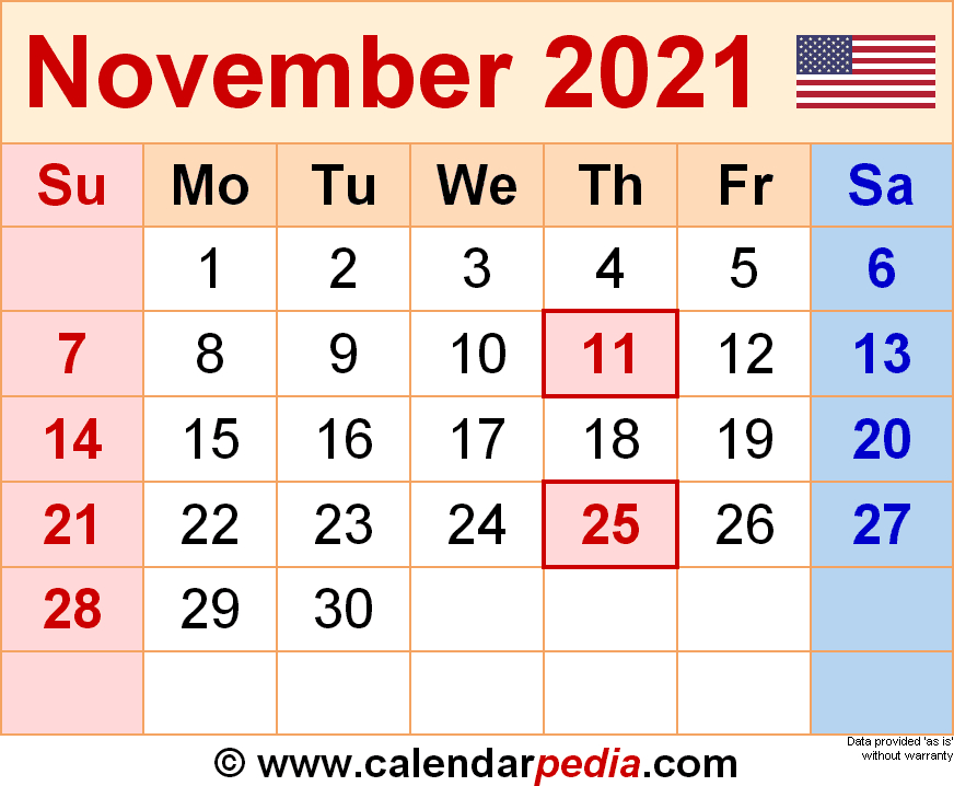 November 2021 Calendar | Templates For Word, Excel And Pdf Printable November 2021 Calendar