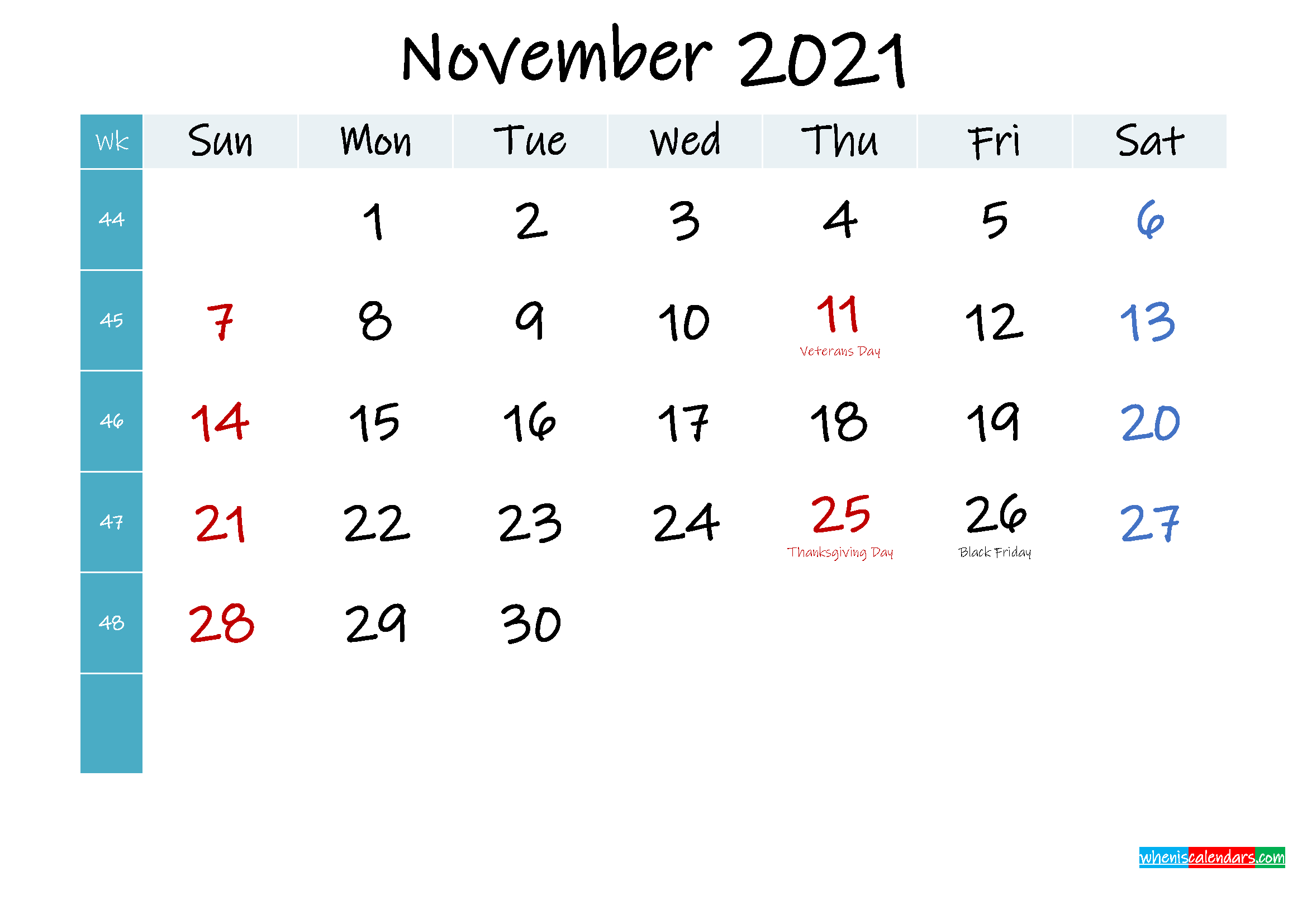 November 2021 Free Printable Calendar - Template No.ink21M407 November 2021 Calendar Canada