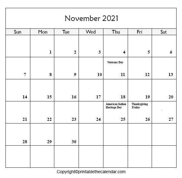 November 2021 Holiday Calendar | Printable The Calendar November 2021 Calendar With Holidays Printable