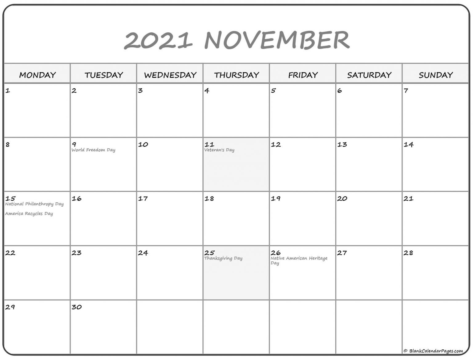 November 2021 Monday Calendar Monday To Sunday - Calendar November 2021 Calendar Monday Start