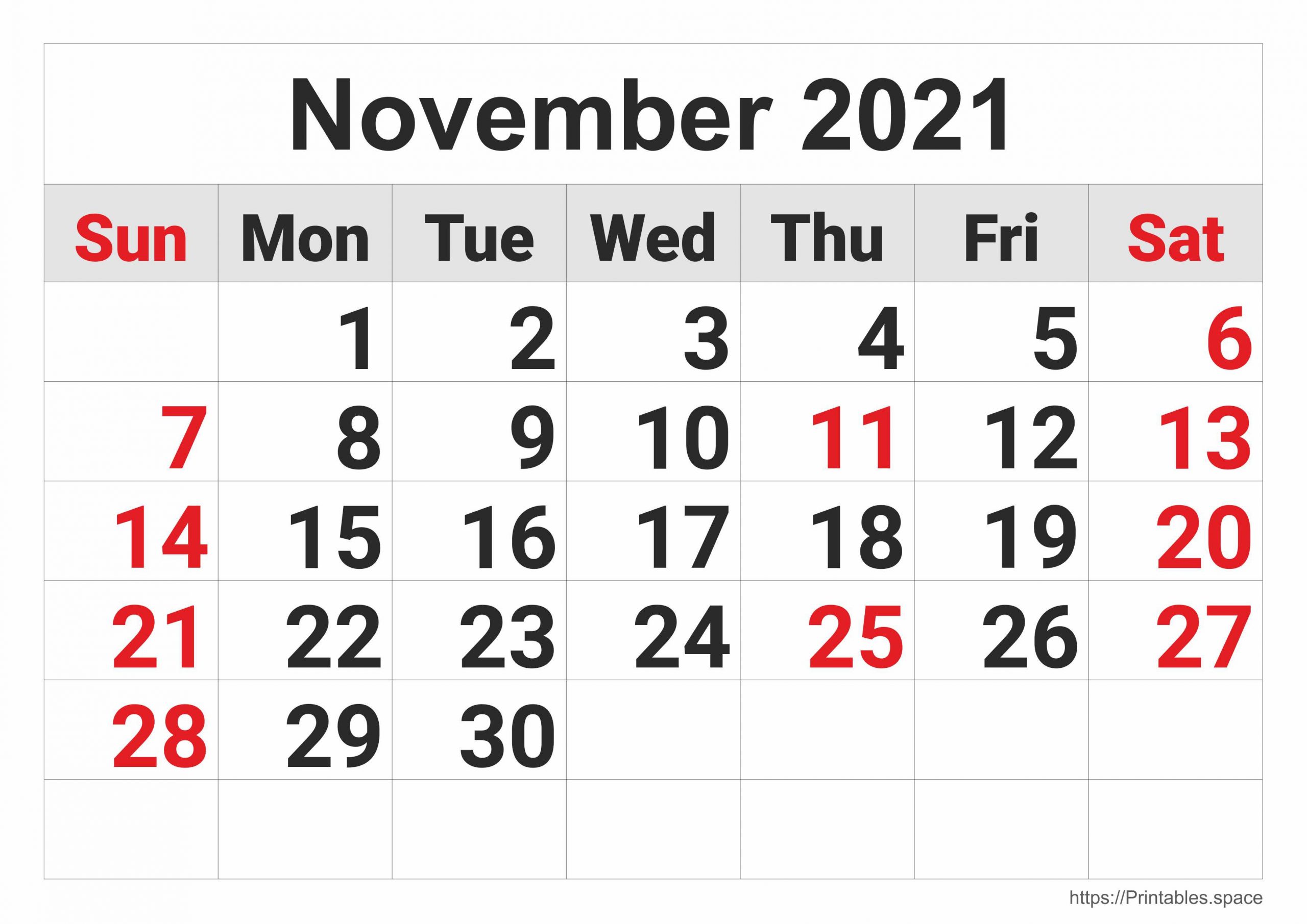 November 2021 Monthly Calendar - Free Printables November 2021 Monthly Calendar