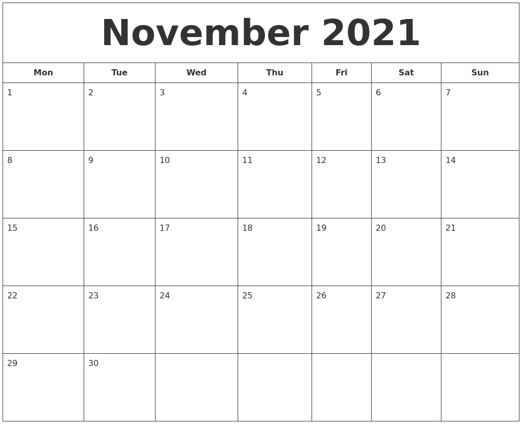 November 2021 Printable Calendar Blank November 2021 Calendar