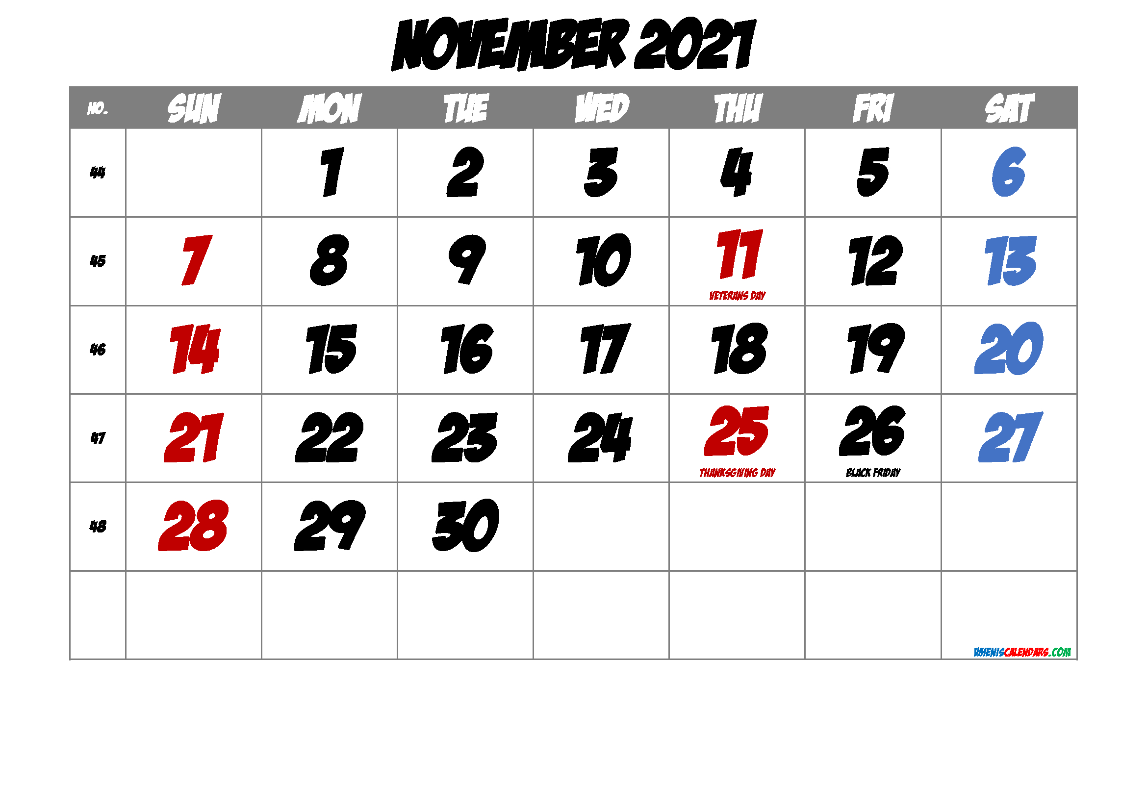 November 2021 Printable Calendar With Holidays November 2021 Calendar With Holidays