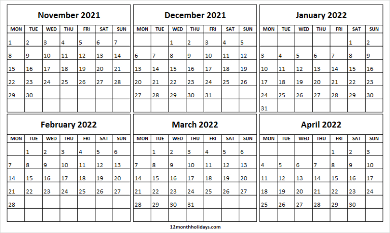 November 2021 To April 2022 Calendar - Printable Calendar 2021 Wiki Calendar November 2021